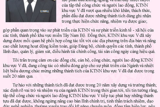 Thư chúc mừng của Tổng Kiểm toán Nhà nước nhân kỷ niệm 20 năm thành lập KTNN khu vực V
