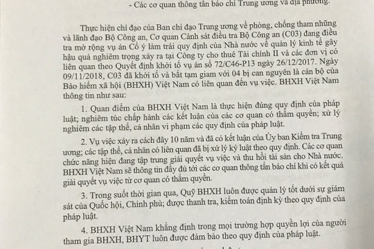 Bảo hiểm xã hội Việt Nam thông tin về việc 4 nguyên cán bộ bị khởi tố
