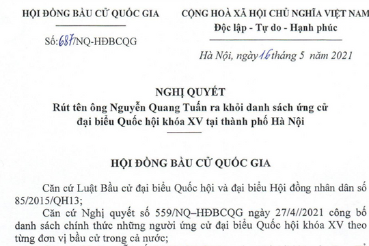 Rút tên ông Nguyễn Quang Tuấn ra khỏi danh sách ứng cử viên đại biểu Quốc hội khóa XV
