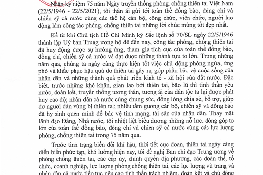 Chủ tịch nước gửi thư tới đồng bào và chiến sĩ cả nước nhân 75 năm Ngày truyền thống phòng, chống thiên tai