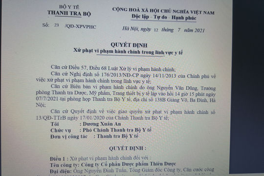 Xử phạt hành chính 80 triệu đồng đối với Công ty Dược phẩm Thiên Dược Xử phạt hành chính 80 triệu đồng đối với Công ty Dược phẩm Thiên Dược