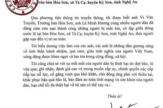 Chủ tịch nước gửi Thư khen người dân dũng cảm cứu người bị mắc kẹt trong nước lũ tại huyện Kỳ Sơn