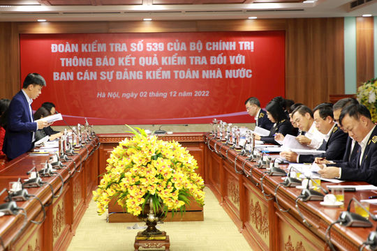 Đoàn Kiểm tra số 539 của Bộ Chính trị thông báo kết quả kiểm tra đối với Ban cán sự đảng Kiểm toán nhà nước.