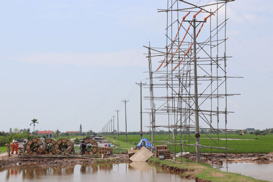 Đường dây 500kV mạch 3: Kéo dây khoảng néo đầu tiên Nhà máy nhiệt điện Nam Định I - Thanh Hoá
