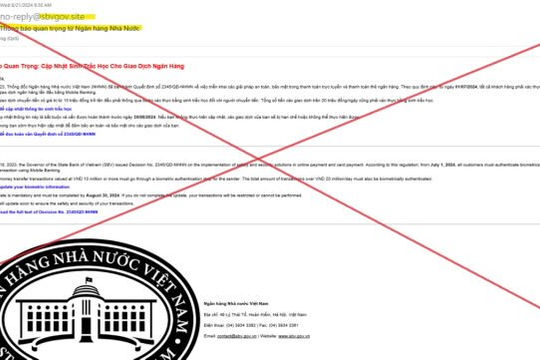 Mạo danh Ngân hàng Nhà nước để gửi đường link cập nhật thông tin sinh trắc học